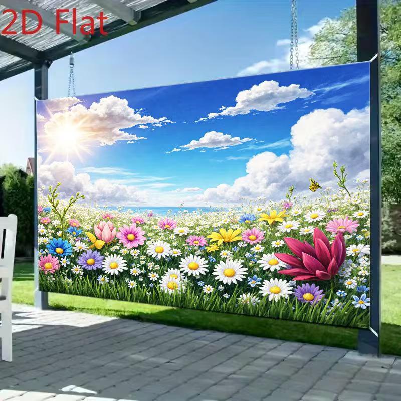 2D Spring Nature Backdrop, Colorful Daisy Flower Field with Sunny Sky Background
