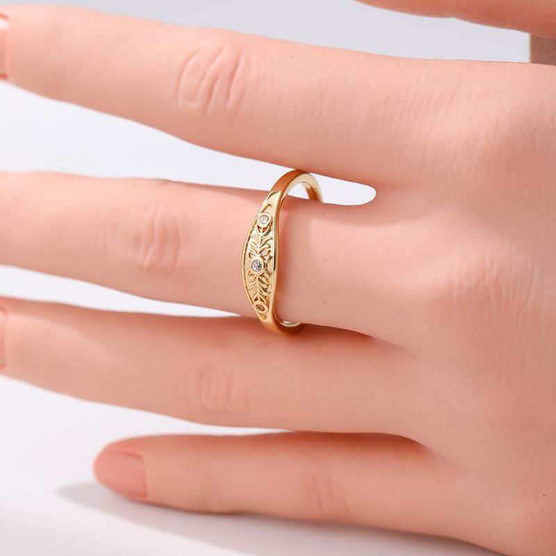 Classic Inlaid White CZ Flower Women's Ring Trendy Gold Color Hand Carving Daily Wear Party Jewelry Anniversary Gift