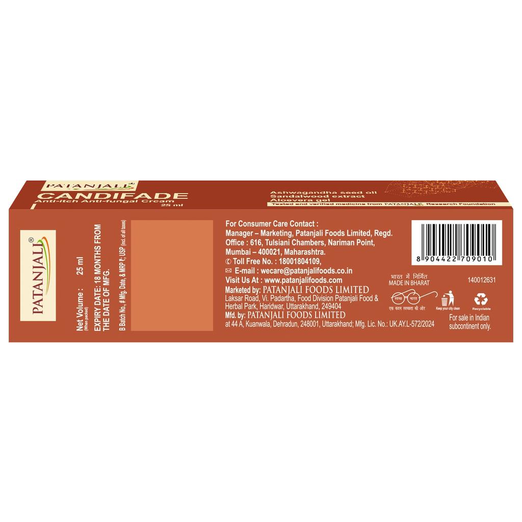 Patanjali Candifade Anti Fungal Cream, With Anti Candidiasis, Anti Aching, 25ml