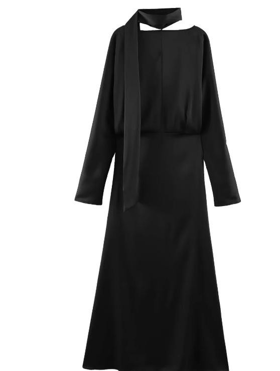 European American Women's Silk Satin Scarf Dress - Fashionable and Slim-Fitting with Chic Temperament
