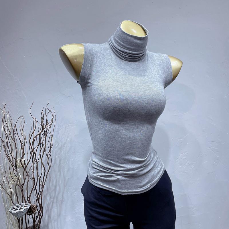 Korean Elegant High Collar Semi-Sheer Slimming Women s T-Shirt for Autumn/Winter One Size серый