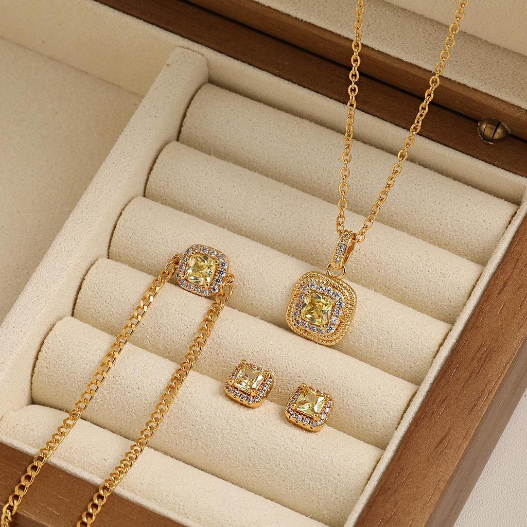 Korean Styled Luxury Diamond Sugar Cube Jewelry Set: Titanium Necklace, Bracelet & Stud Earrings