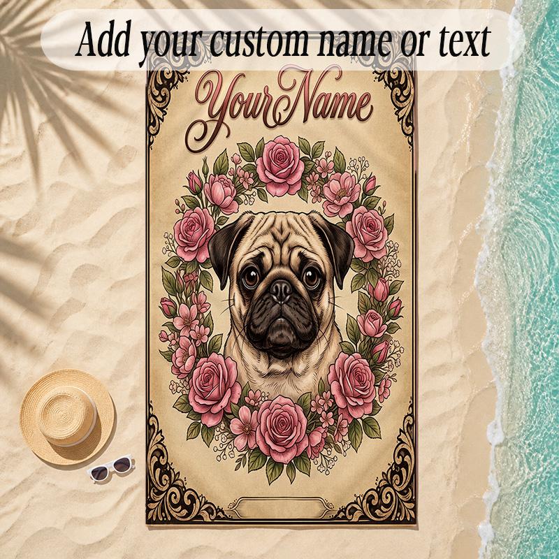 Pug Theme Soft Beach Towel Personalized Custom Name Text Towel Portable for Beach Pool Travel