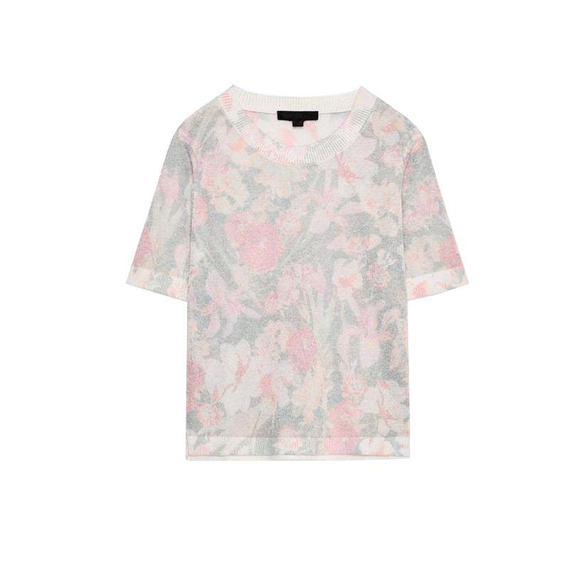 Spring and Summer New Women's Clothing Casual Rib Decorative Layer Flower Print Round Neck Short Sleeve Knitwear 1822018