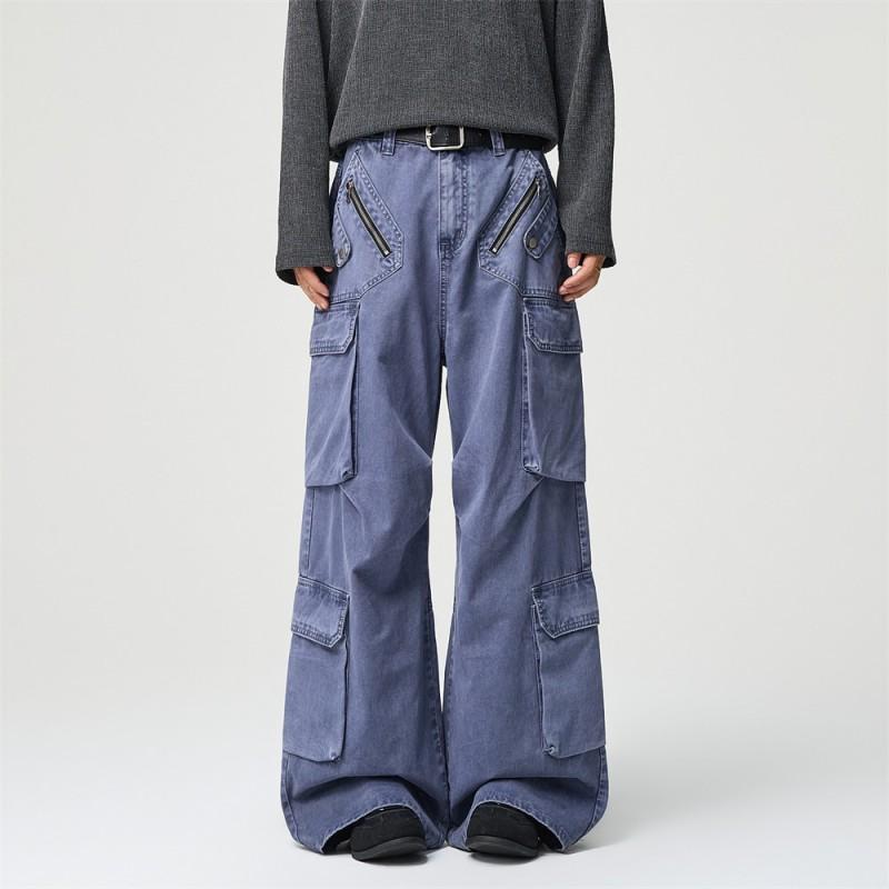 Mens Streetwear Cargo Pants - Relaxed Wide Leg Multi-Pocket Washed Vintage Style