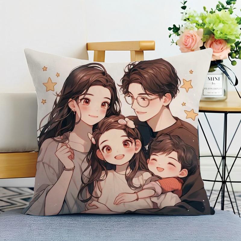 Happy Family Print Decorative Pillowcase Bedroom Living Room Square Cushion Pillowcase