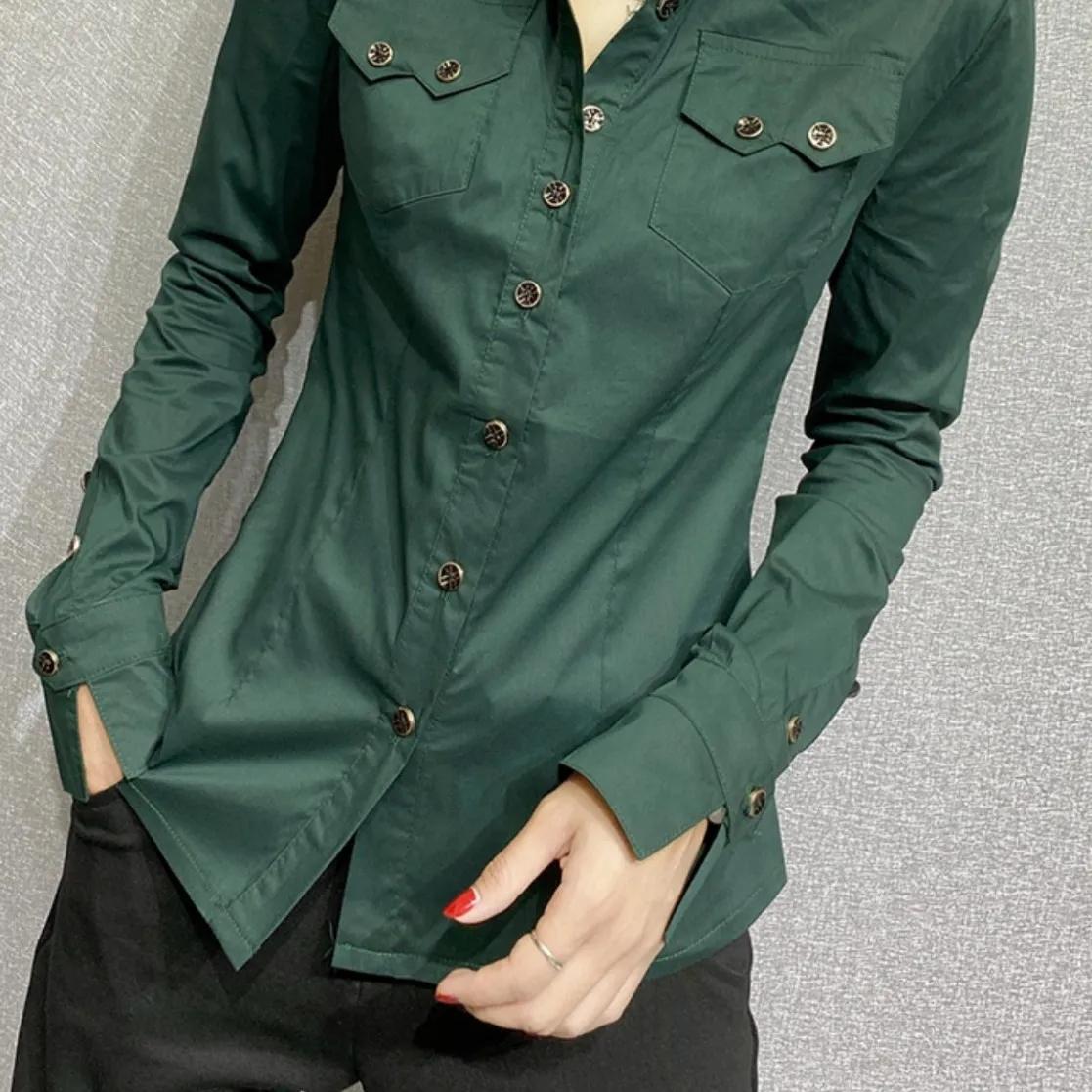 

Весенние женские рубашки с длинным рукавом зеленого цвета, осенние офисные женские блузки с карманами, женские топы на пуговицах XXXXL зелёный