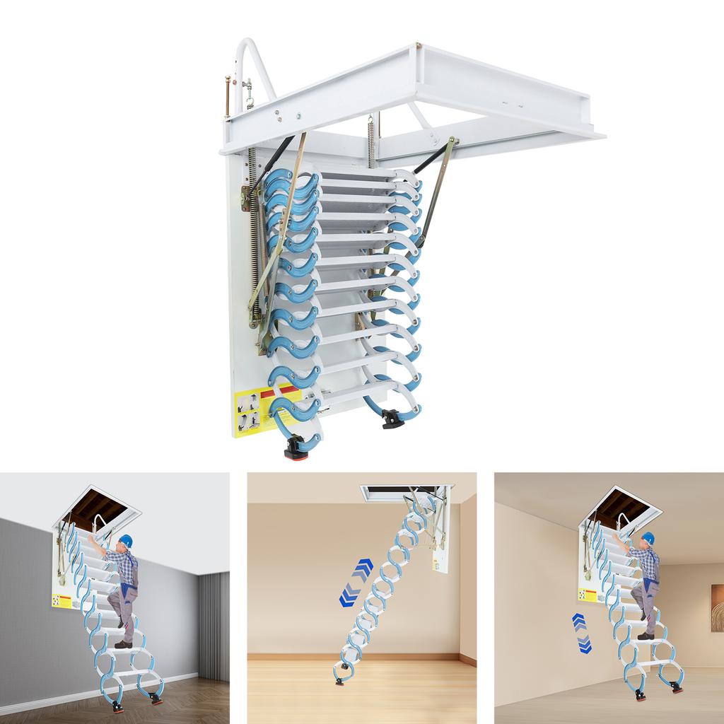 11 Steps Cold-rolled Steel Attic Ladder,70x100cm White/Blue Wall-Mounted Folding Stairs for Flat Roofs