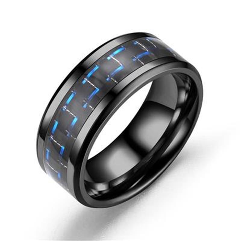 1pcs Men Black Titanium Wedding Band Ring With Black And Blue Carbon Fiber Inlay