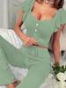 Ruffled Short-Sleeve Button-Up Top & Long Pants Casual Home Wear Set for Women