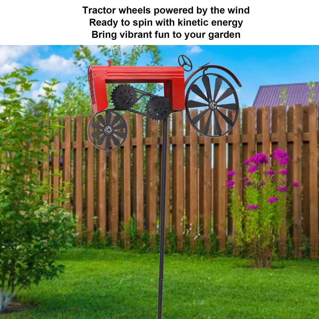 Tractor Wind Spinner Vintage Turning Wheels Metal Outdoor Stake Windmill Decoration For Flower Bed Lawn Garden Red