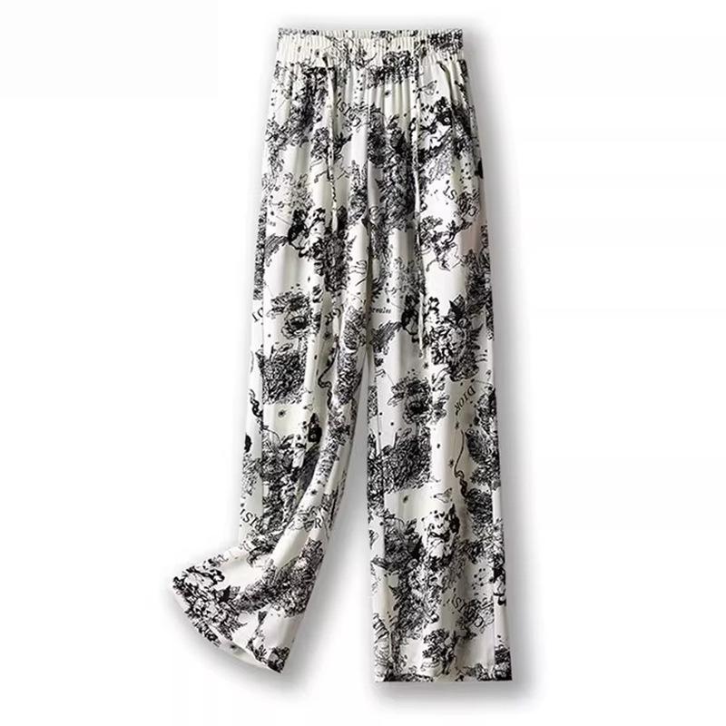 Women's Summer 2024 Ice Silk Checkered Wide-Leg Pants - Black/White Straight Leg