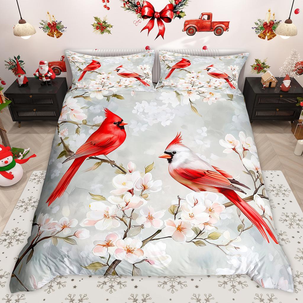 Homewish Wild Cardinal Bird Duvet Cover Set Merry Christmas Xmas Bed Set Snow Cherry Blossoms Quilt Cover Set