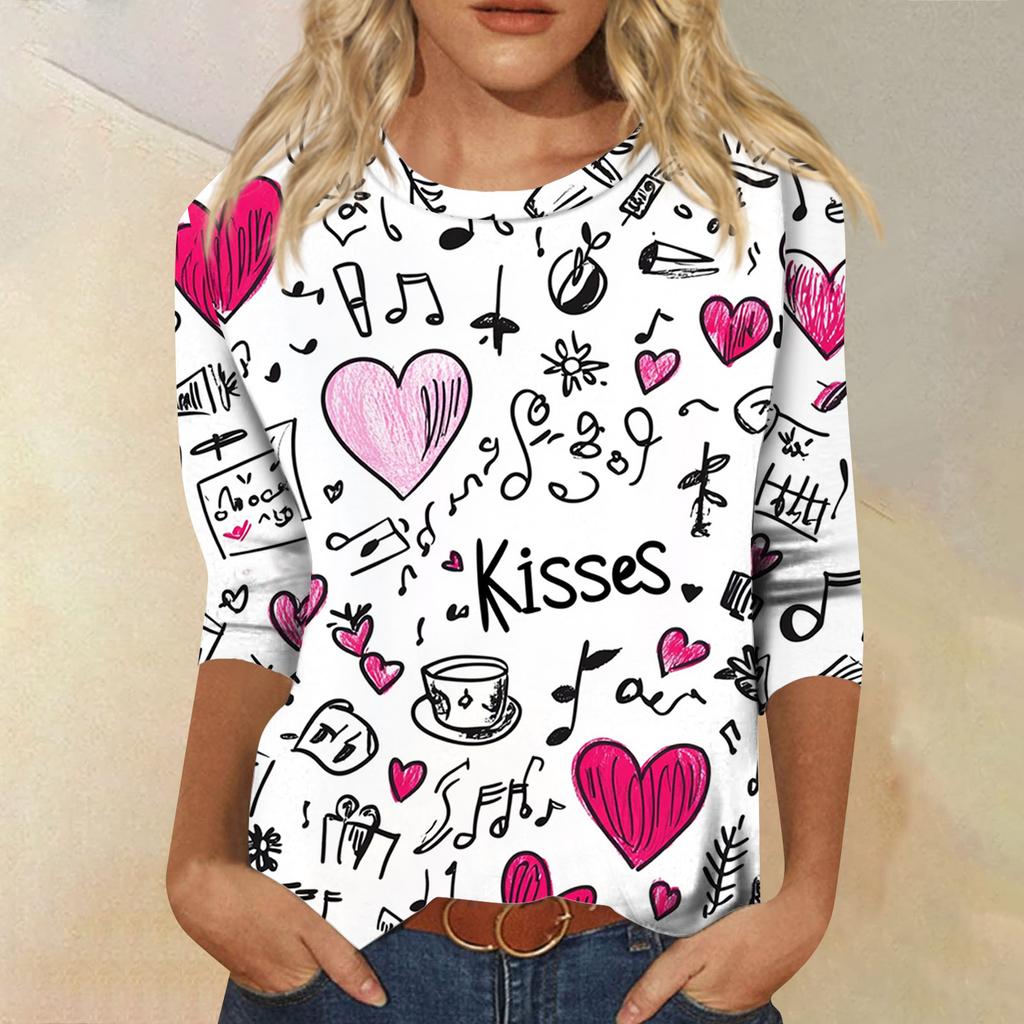 Women's Tops Three-quarter Sleeve Shirt V-neck Loose Casual Shirt Print T-shirt