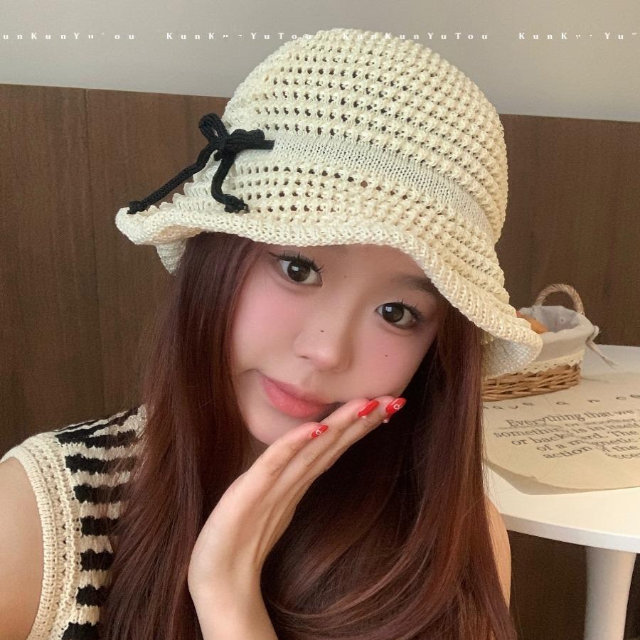 Sweet bow hollow crimped straw hat versatile face small holiday wind beach bucket hat