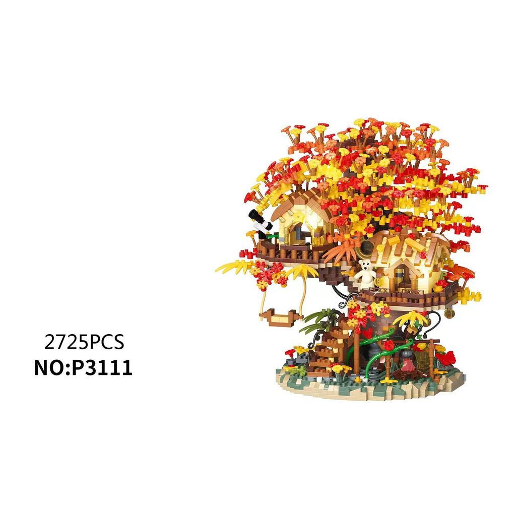 Creative Landscape Street View Small Block Autumn Cabin Tree House Construction Brick Treehouse Streetscape Figures Plaything With Light