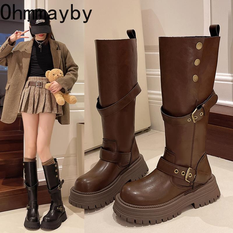 Winter Punk Style Women Knee High Boots Designer Belt Buckle Slip On Shoes Elegant Thick Bottom Knight Long Botas Largas Mujer