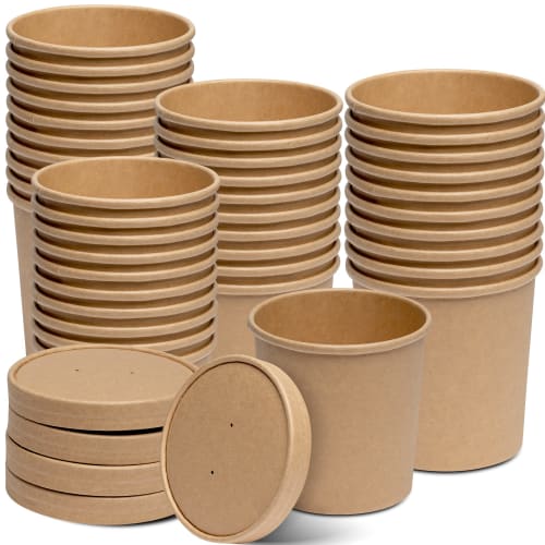 50-Pack 16oz Paper Food Containers with Vented Lids, To-Go Hot Soup Bowls, Disposable Ice Cream Cups, Kraft