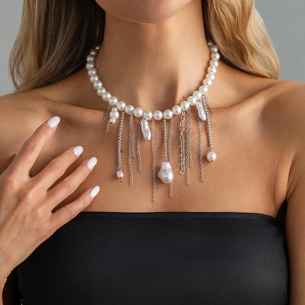 Ingemark Elegant Trendy Imitation Pearls Choker Necklace Women Vintage Silver Color Tassel Pendant Chain Wed Bridal Jewelry Gift