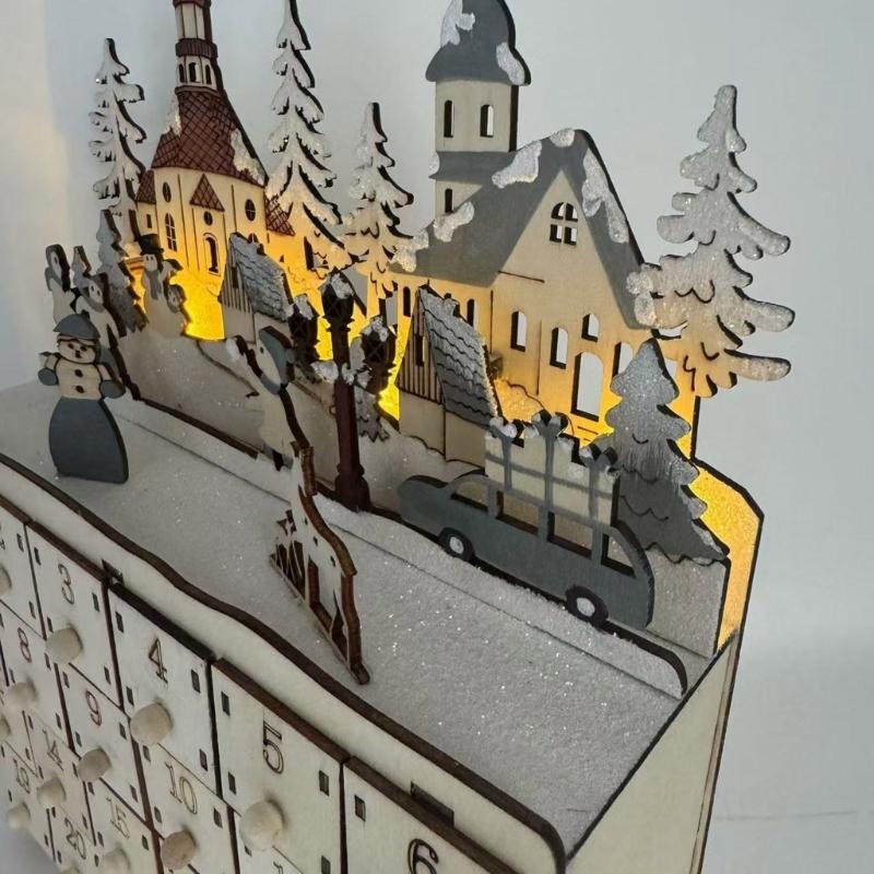 Lighted Wood Advent Calendar with 24 Drawer Countdown to Christmas Decoration Handmade Desktop Ornament Accessories