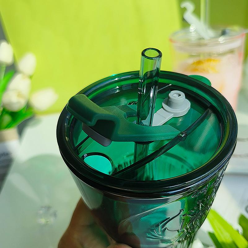 Large Capacity 600Ml Coffee Glass Straw Cup Dark Green Goddess Model Water Cup