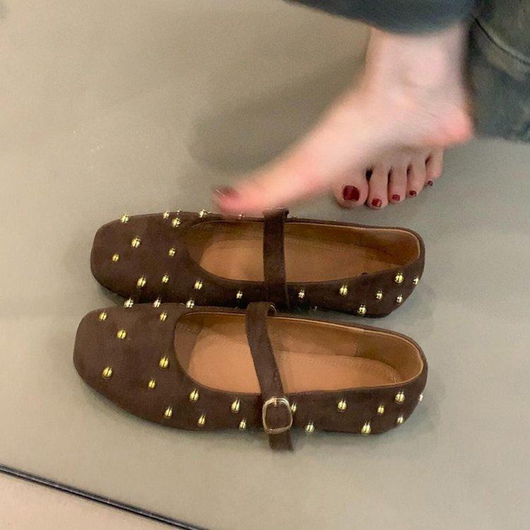 

Solid color rivet niche Mary Jane shoes women s 2025 spring new woolen round head ballet flat-soled retro single shoes 40