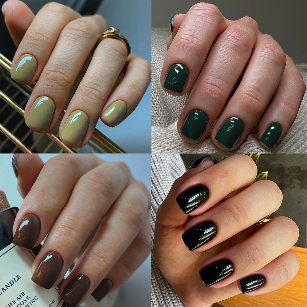 Autunno Inverno Colore Solido Unghie Indossabili Fatte a Mano Stile Corto Punte per Unghie Set da 24 Pezzi Unghie Finte Unghie Indossabili