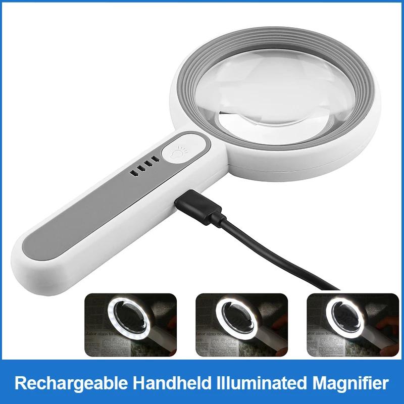 Rechargeable Handheld Magnifier 12X Magnifying Glass with LED Light 3 Modes for Seniors Reading Repair Jewelry Craft Inspection