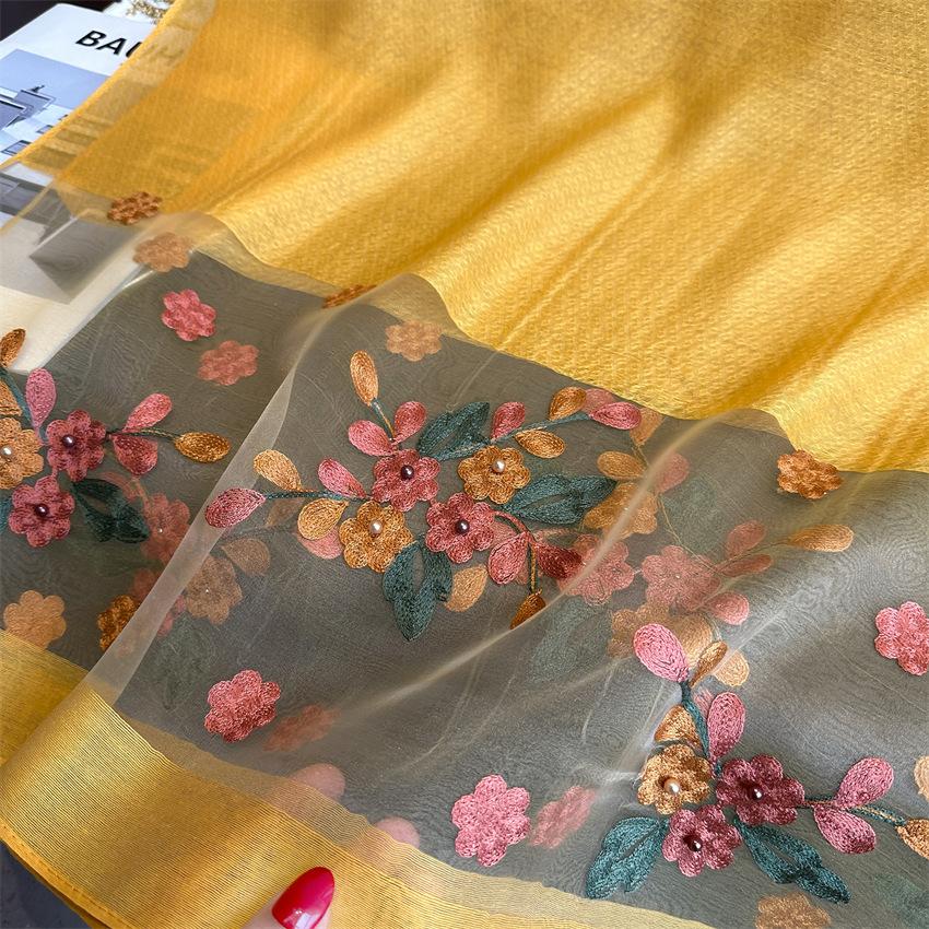 New Women Silk Wool Scarf Floral Embroidery Hijab Female Foulard Spring Summer Thin Pashmina Shawl Wrap Bufanda Headscarf Stoles