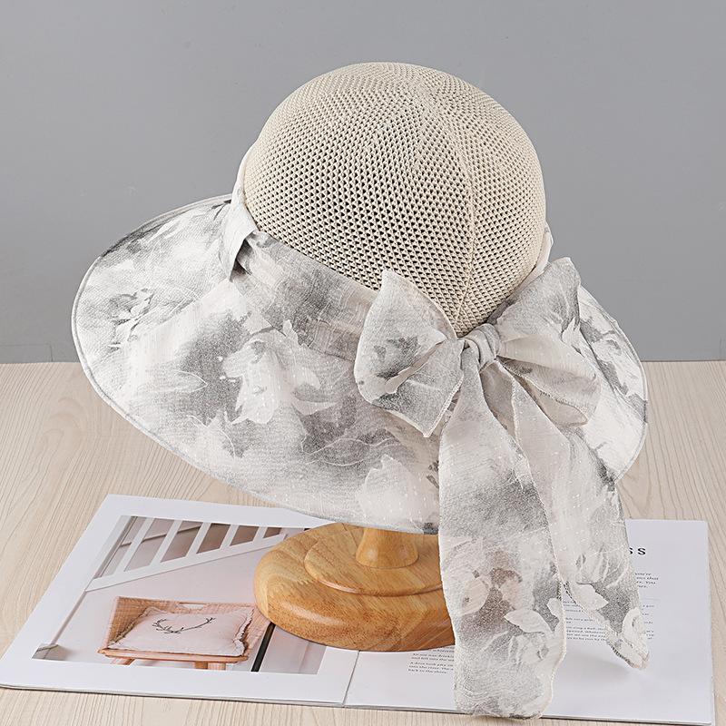 Big Eaves Sunscreen Hat Women'S Summer Breathable Bow Bucket Hat Outdoor Leisure Sunshade Uv Protection Hat