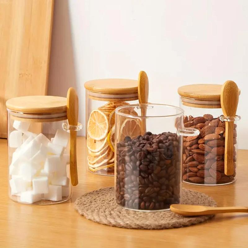 2Pcs Glass Jars Food Storage Container Spice Jars with Bamboo Lid Tea Coffee Sugar Storage Jars Small Canister for Kitchen 550ML