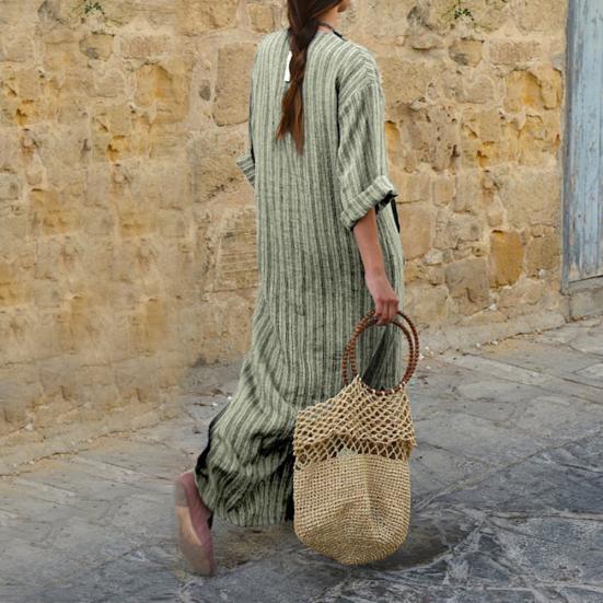 Vintage Stripe Print V-Neck Long Sleeve Women Loose Cotton Linen Maxi Dress
