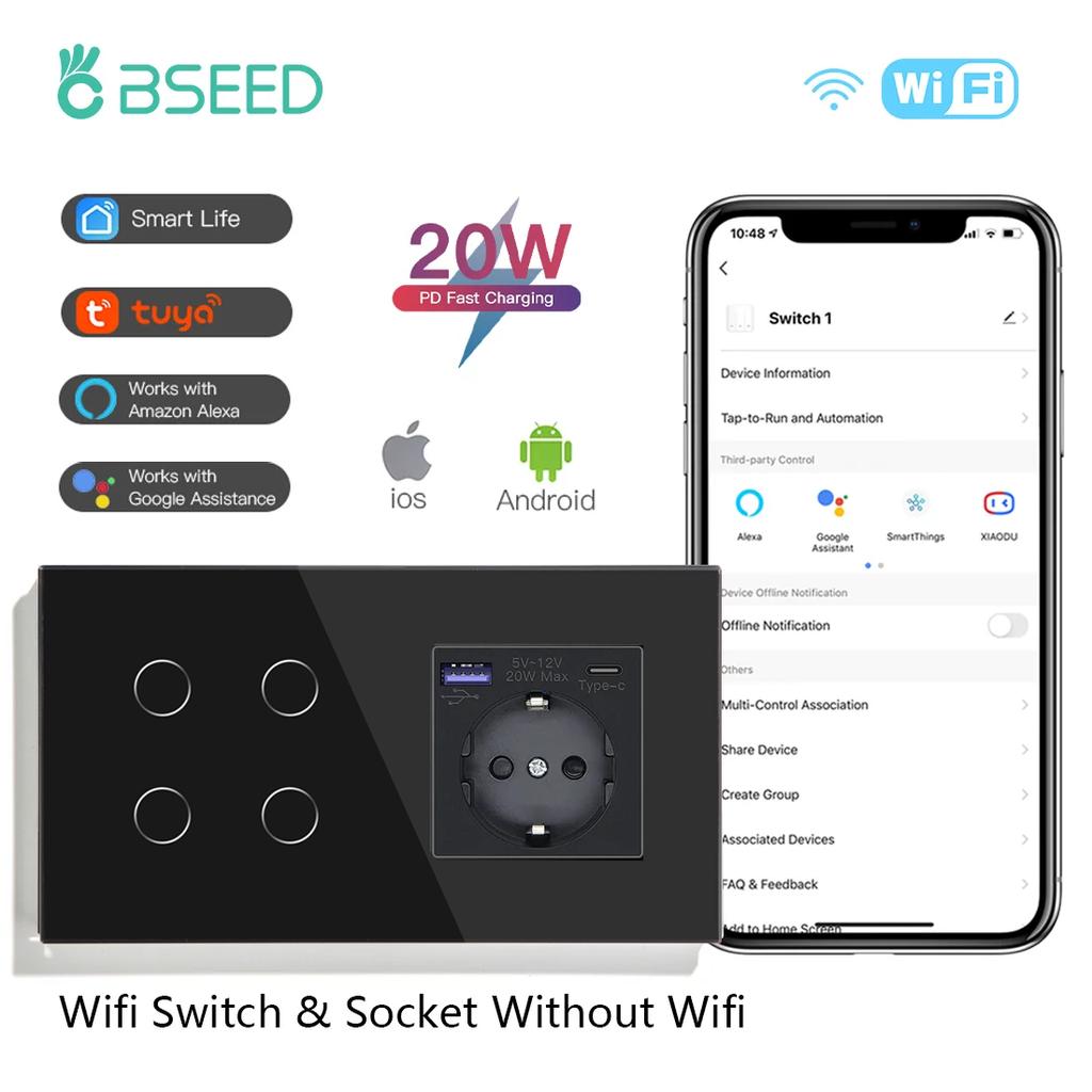 BSEED Wifi 1/2/3Gang Wall Light Switches Touch Panels Tuya Smart Life App Control With EU Power Sockets 20W USBC Charging Ports