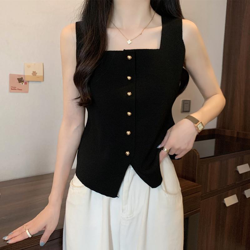 French Retro Solid Color Square Neck Single-Breasted Sleeveless Slim Knitted Vest For Women