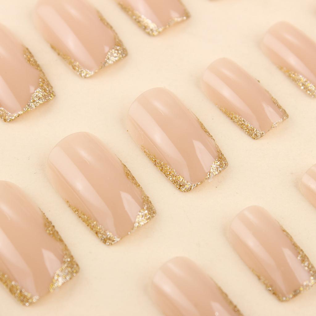 Wearing Bare Color Nail Art Gold Shining Powder Fake Nail Art 24 Pieces French Nail Art Rectangular Light Luxury Square Nail Art