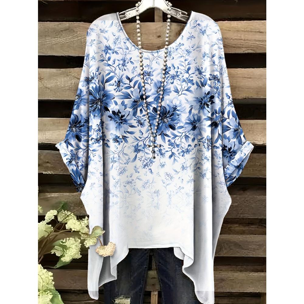 Damen Sommer Böhmisches T-Shirt mit Blumendruck Vintage Helllila Y2k Grafik Rundhals Kleidung Elegant Frau Kurzarm Top