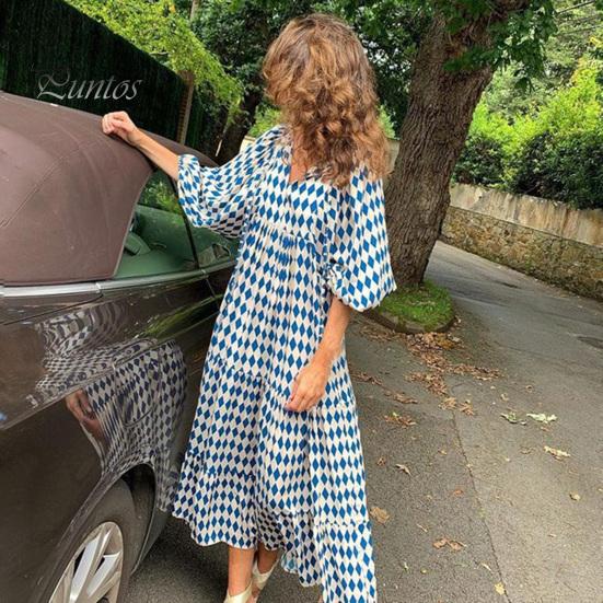 Robe d'été pour femmes, col en V, manches trois quarts à bulles, imprimé géométrique, ample, Patchwork, ligne a, grand ourlet, fluide, printemps, vacances, plage, robe mi-longue