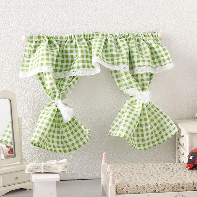 1/12 Dollhouse Mini Plaid Curtains Door Curtain Doll Home Furniture Decoration Dolls House Living Scene Decor Accessories
