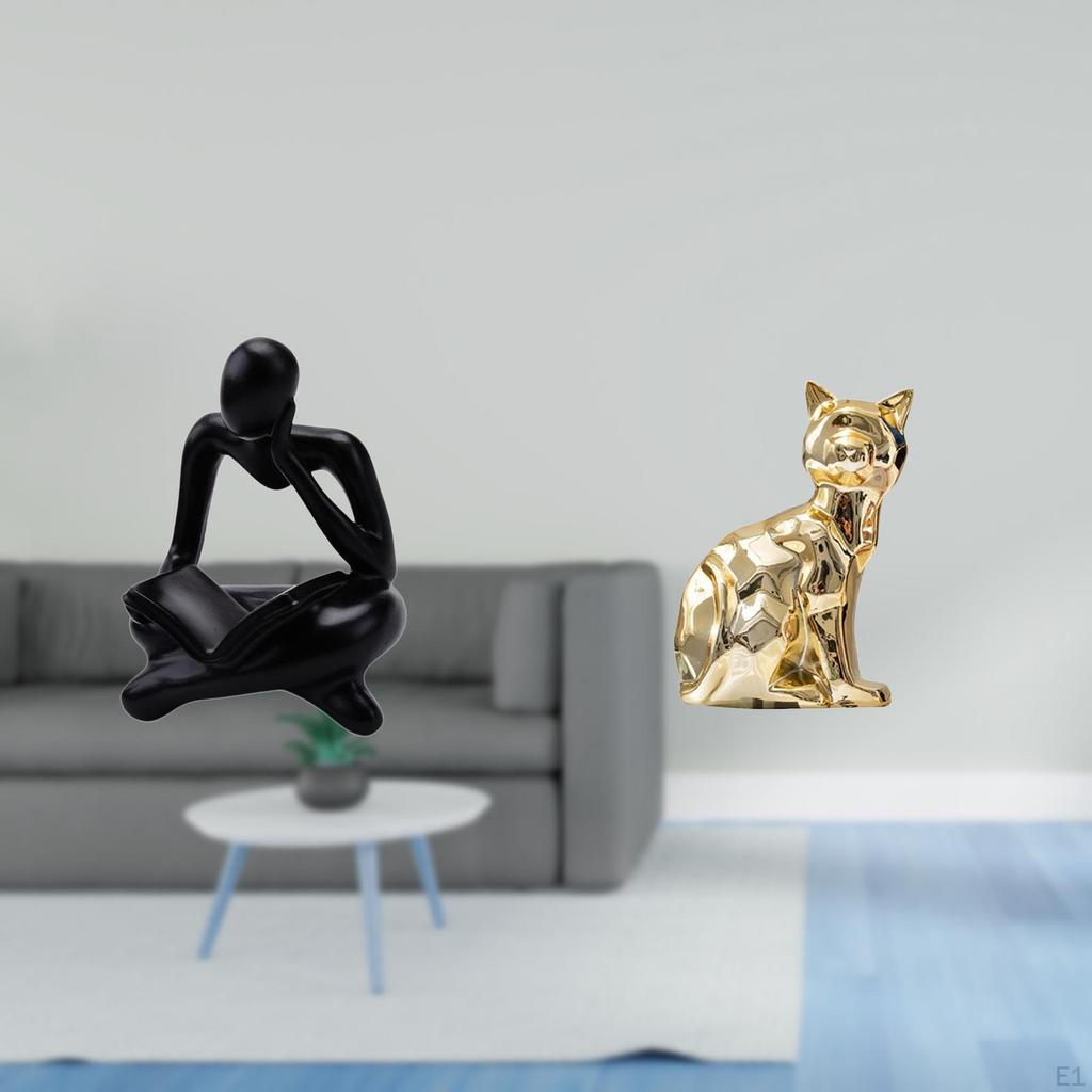 Abstract Cat Thinker Statue Decorative Figurine Sculpture Art Craft Ornament for Tabletop Living