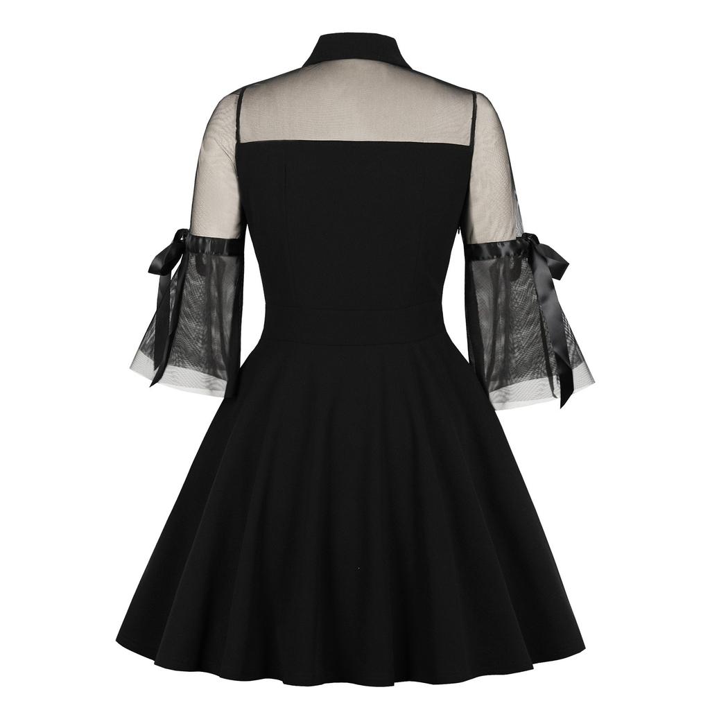 Frauen Party Farbe Langarm Retro Kleid Gothic Flare Ärmel Nähte Kleid