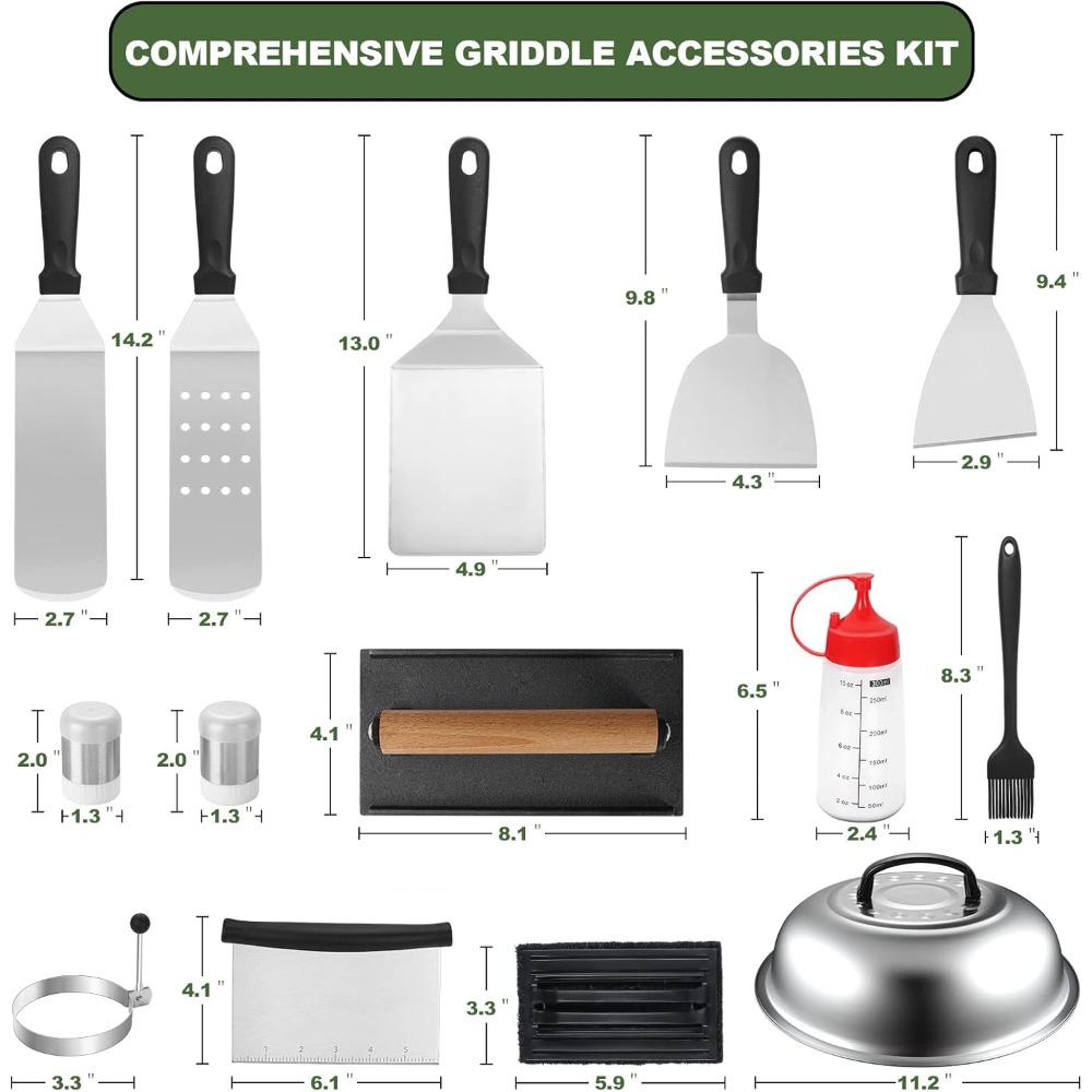 18PCS Griddle Accessories Kit, Flat Top Grill Accessories Set for Blackstone and Camp Chef, Grill Spatula Set with Enlarged Spat
