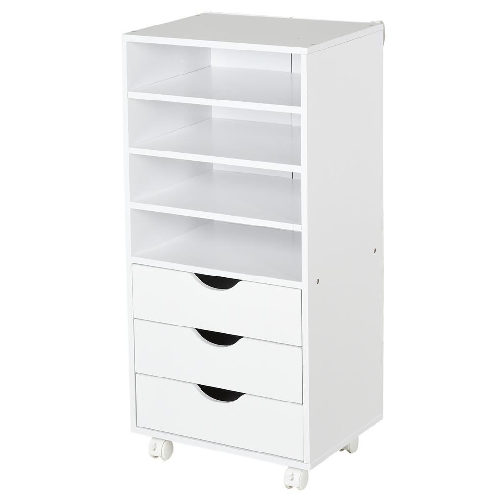 Office Drawer Unit, 3 Drawers, 4 Open Shelves, Wheels, 38 x 40 x 86.8 cm, White