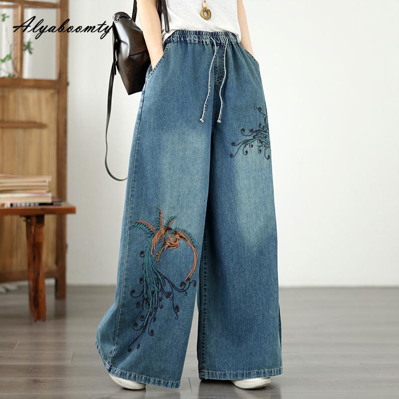 Large Size Spring Summer Women Straight Jeans Drawstring Elastic Waist Embroidery Oversized Baggy Denim Pants Retro Classical Ladies' Jeans