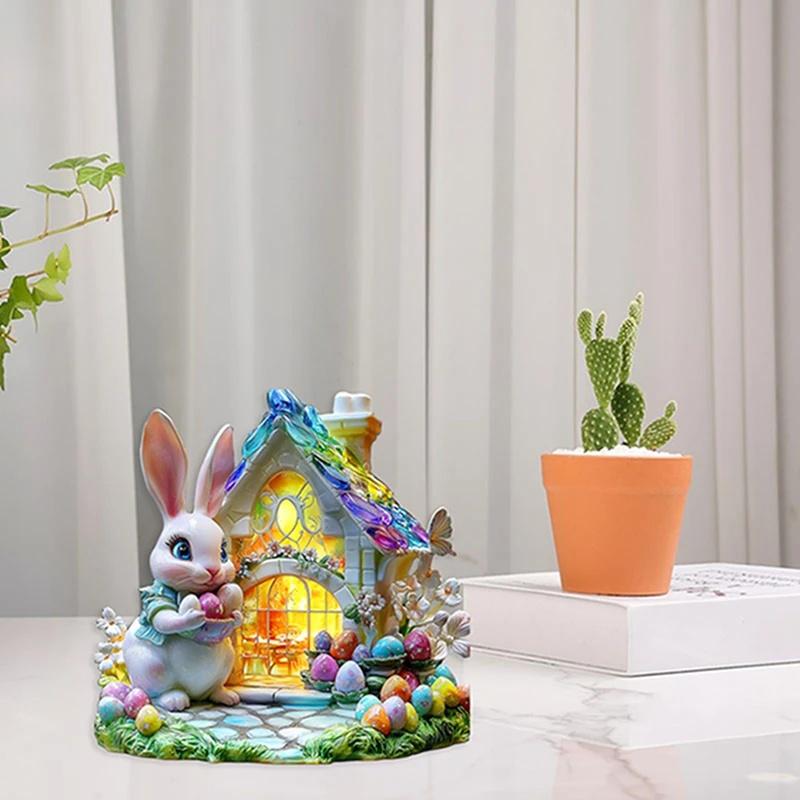 Easter Bunny Ornament Flat Acrylic Ornament Rabbit House Single Desktop Home Office Garden Ornament Yard Decoration Gift