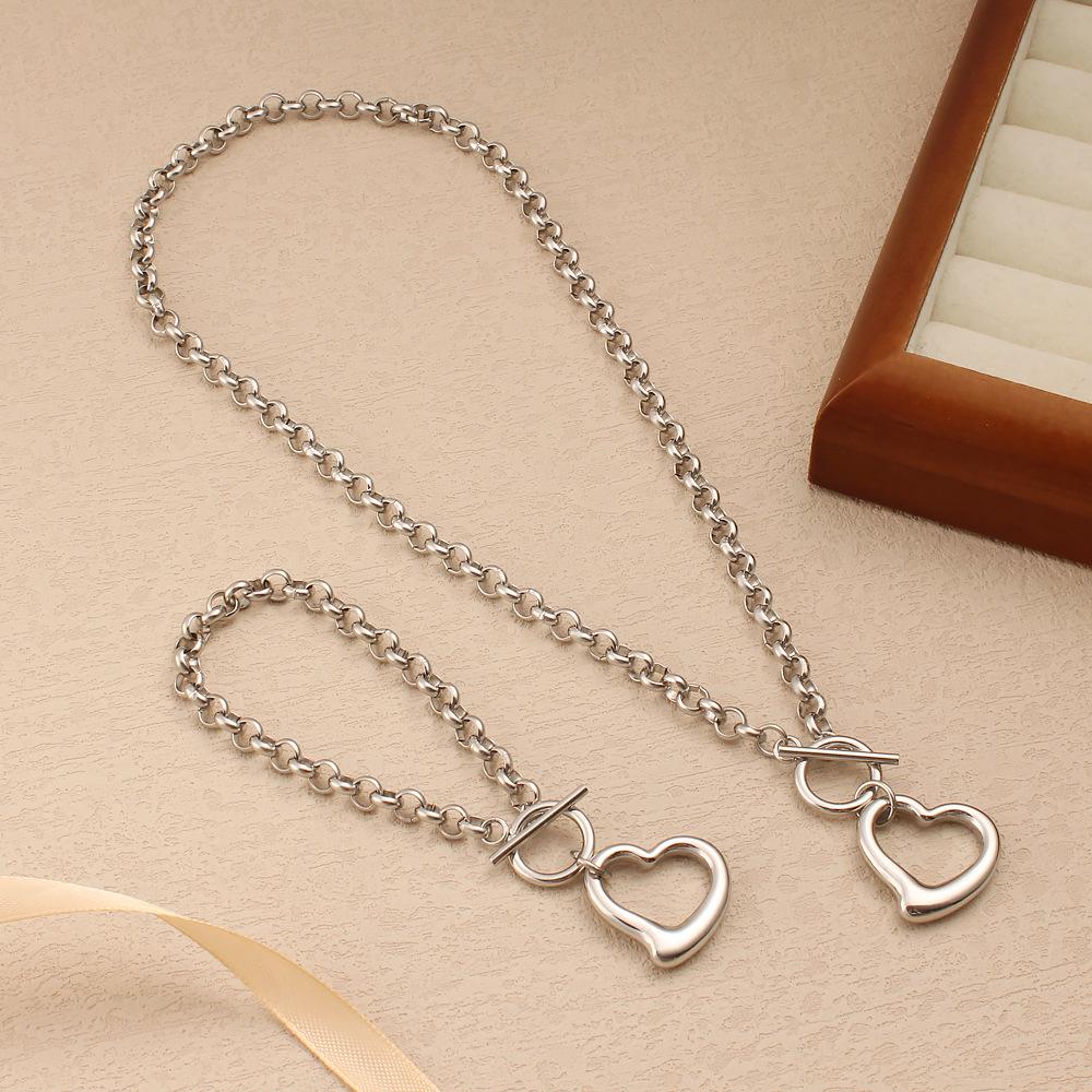 Unisex Stainless Steel Heart Pendant Necklace & Bracelet Set - Minimalist Hip Hop Trend