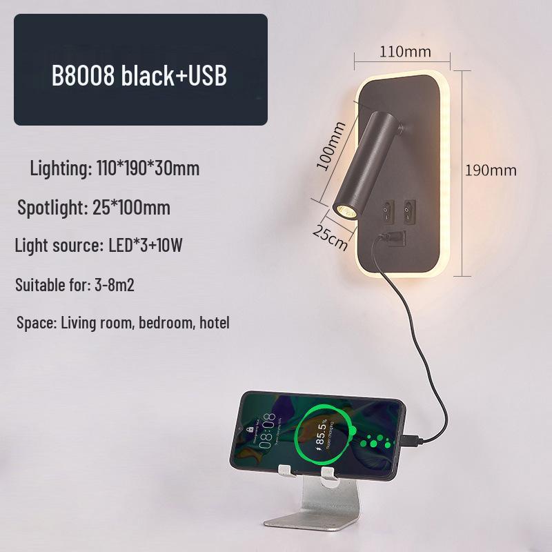 Modern Minimalist Indoor LED Wall Lamp with USB Reading Light for Bedroom or Living Room.