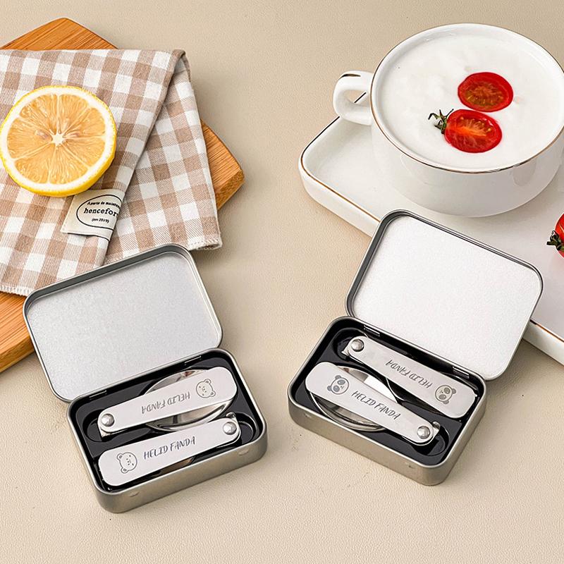 2Pcs/Box Portable Foldable Dinnerware Set 304 Stainless Steel Folding Fork Spoon With Cutlery Box Cute Picnic Tableware