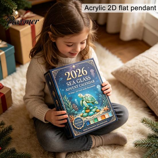 Christmas Room Decoration Sea Glass Marine Life Advent Calendar, 24 Day Countdown Box Festive Desktop Ornaments with Ocean Animal Acrylic Ornaments,