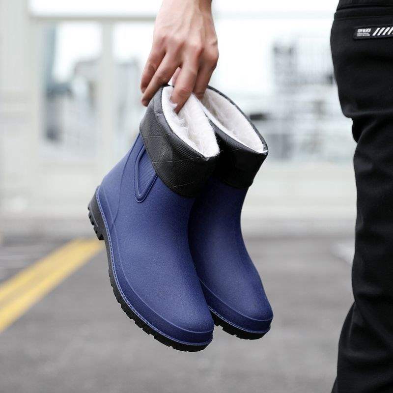 New Fashion Men's Rain Shoes Medium Tube Rain Boots Non-slip Water Shoes Short Tube Fleece Rubber Shoes Kitchen Car Wash Fishing Work Shoes