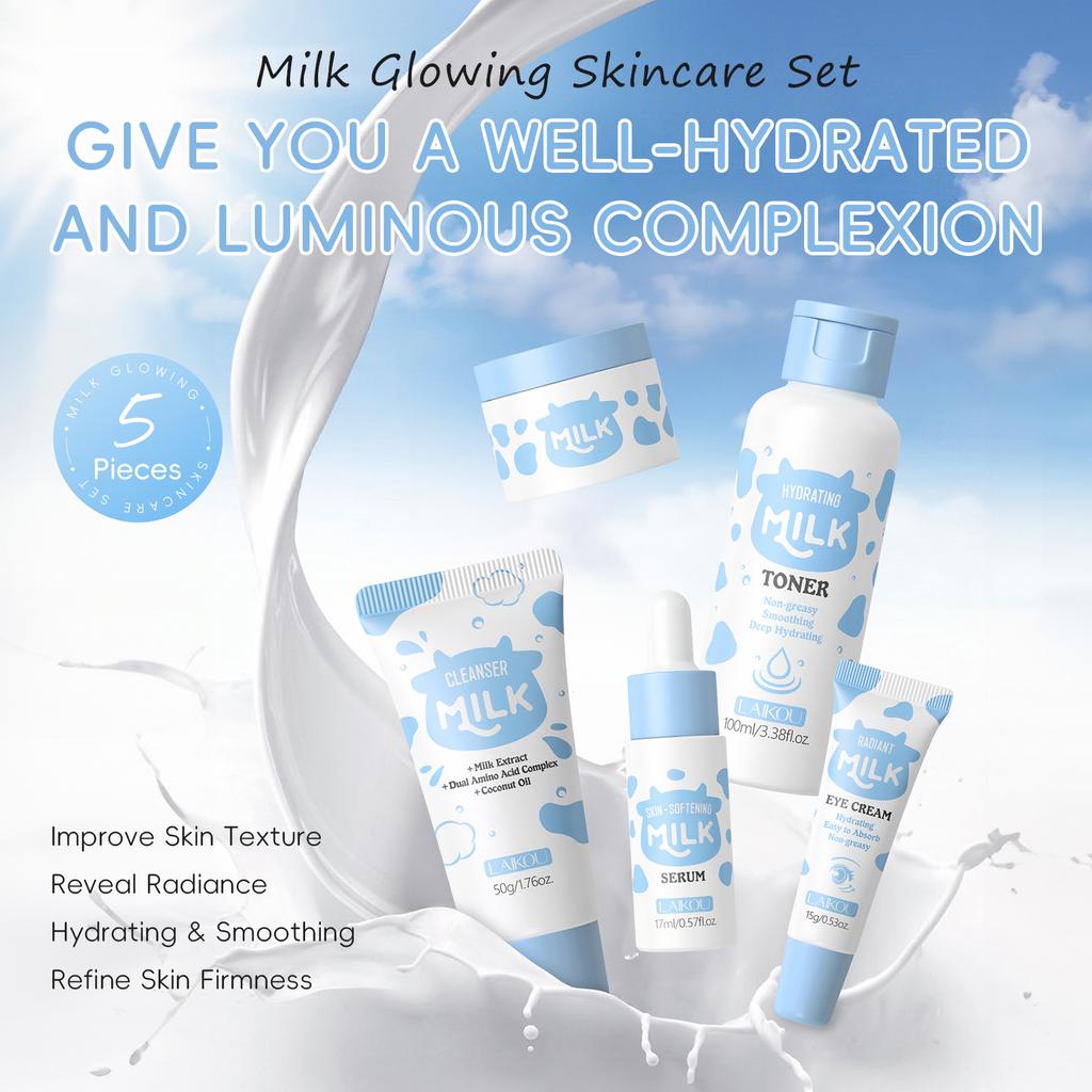 LAIKOU Milk Glowing Skincare Set 5pcs Hydrating Smoothing Improve Texture Reveal Radiance Refine Firmness